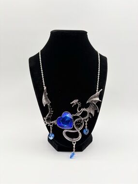 Gothic Dragon Necklace Blue Heart Crystal Statement Pendant Fantasy Y2K